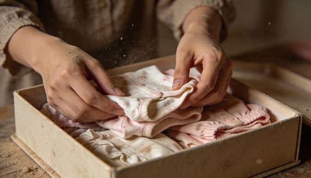 Folding pastel baby clothes in vintage keepsake box hands arranging newborn layette