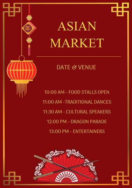 Invitation for an Asian market event featuring cultural activities such as food stalls, traditional dances, cultural speakers, a dragon parade, and entertainers. Ideal for promoting cultural festivals, community events, and Asian cultural celebrations.