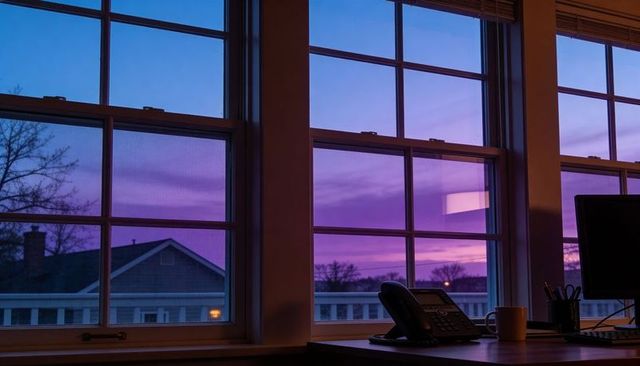 Framed purple-pink dusk through multi-pane window over home office desk with phone and mug