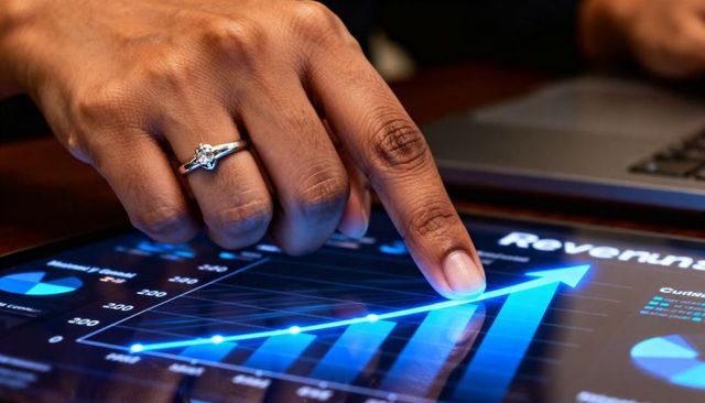 Dark-skinned Hand Tapping Rising Revenue Chart on Tablet Showing Business Growth