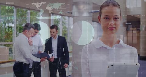 Business analysis team with holographic interface display