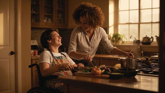 Sunlit kitchen teamwork: woman stirring pot helping teen in wheelchair chopping vegetables
