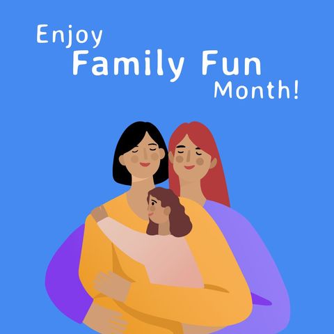lesbian couple with daughter celebrating family fun month on blue background - Download Free Stock Templates Pikwizard.com