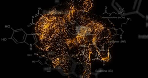 Glowing orange neural point cloud over molecular formulas for neuroscience visualization