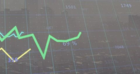 Holographic fintech dashboard showing neon green jagged trend line with 69% overlay