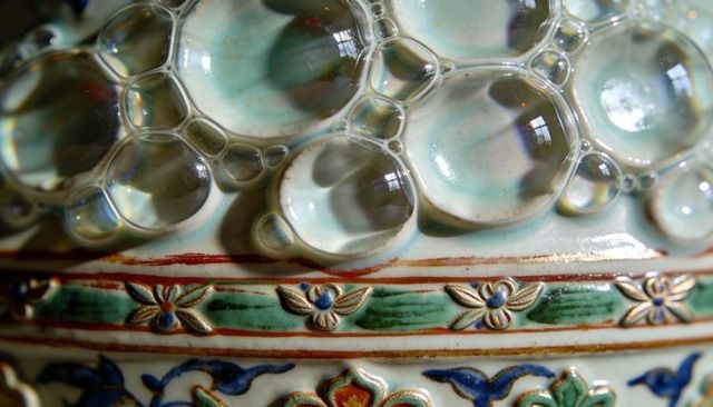 Macro soap bubbles resting on ornate glazed ceramic rim with gold motifs and aqua sheen