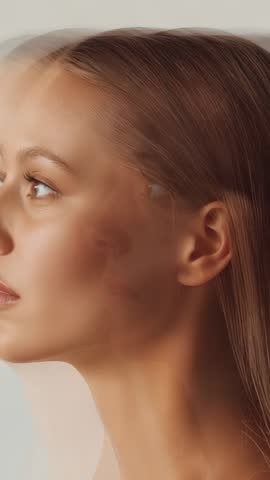 Vertical video showing blurred multiple exposures merging into crisp female profile, minimal elegant
