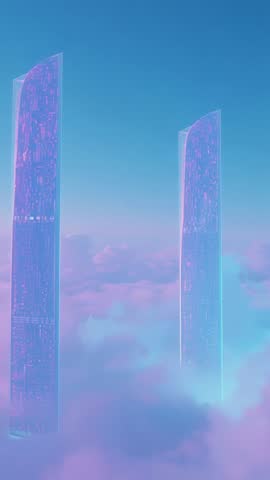 Vertical cinematic reveal with rising camera revealing glowing neon towers above pink clouds