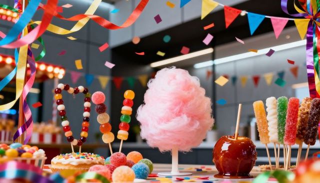 Pink cotton candy centerpiece with caramel apple and colorful carnival sweets display