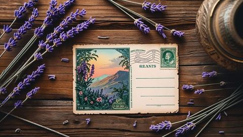 Vintage postcard with lavender on rustic wooden table