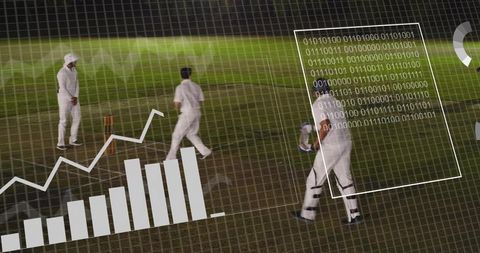 Cricket players walking on floodlit pitch with performance analytics overlay and charts
