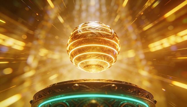 Levitating golden orb over ornate pedestal with turquoise ring and radiant filigree glow