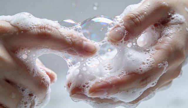 Pressing fingertips through iridescent soap suds closeup for handwashing and hygiene