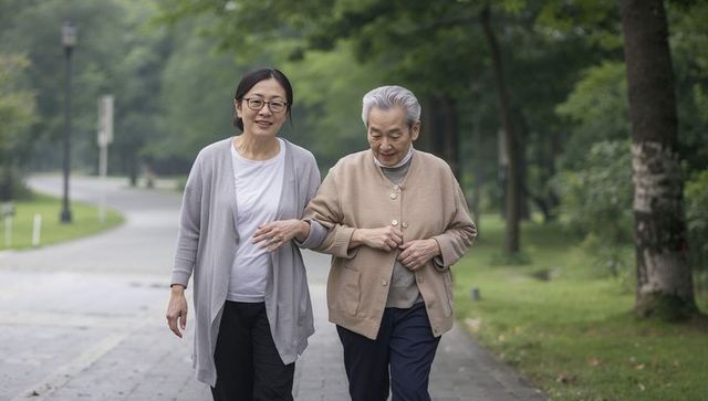 Adult Daughter Walking and Supporting Elderly Woman During Tranquil Park Morning Stroll