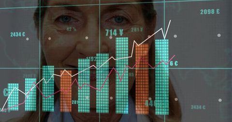 Senior Woman Analyzing Financial Charts on Digital Display