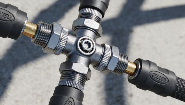 Machined four-way hose coupler showing threaded fittings, knurled nuts and brass inserts