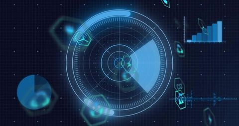 Futuristic hud radar interface scanning neon blue dashboard with rotating crosshair