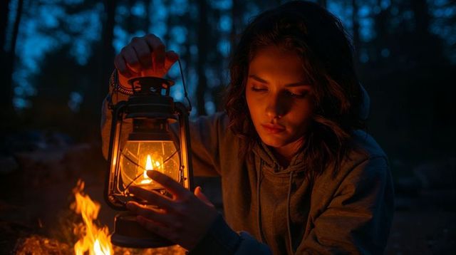 Crouching woman adjusting lantern beside campfire in twilight forest