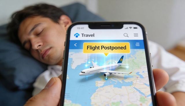 Holding smartphone displaying flight postponed alert on map beside sleeping traveler in cozy bedroom