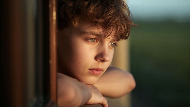 Teenage boy leaning at window resting chin on arms in golden hour light, pensive countryside portrai