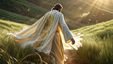 Serene pilgrim resembling jesus in gold-embroidered robe on sunlit path