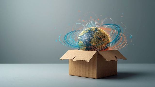 Digital earth globe emerging from cardboard box with data rings