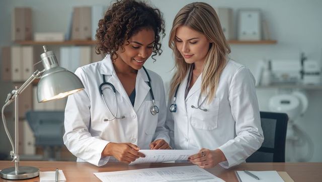Two Female Doctors Analyzing Patient Data in Modern Office