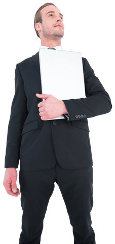 Confident Businessman Holding Laptop and Looking Up on Transparent Background