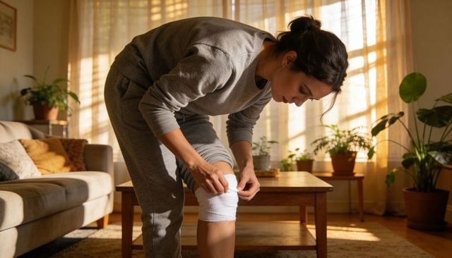 Woman fastening knee bandage in sunlit living room, practicing home recovery and wellness