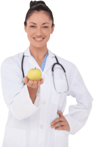 Smiling doctor holding apple in transparent display