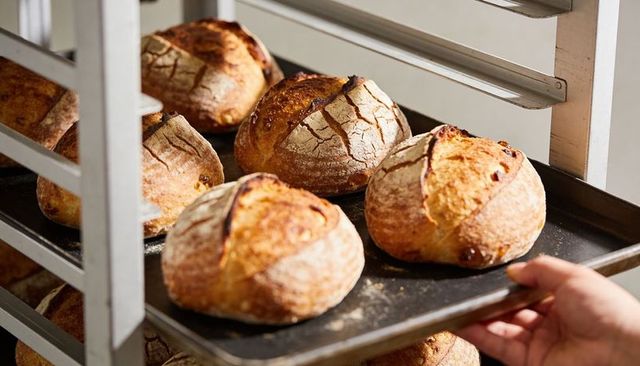 Artisan sourdough loaves on metal tray being pulled from commercial bakery rack