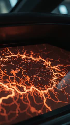 Animating pulsing orange network map on futuristic vehicle console - vertical video