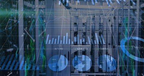 Server rack displaying holographic data visualizations with cables