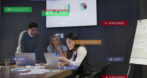 Diverse Team Analyzing Data With Social Media Integration