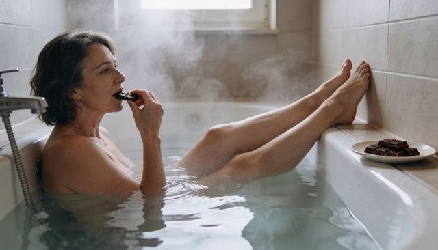 Mature woman relaxing in steaming bathtub while indulging in dark chocolate self-care moment