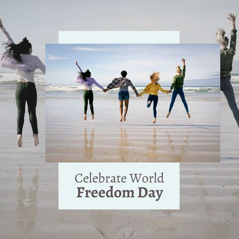 joyful friends jumping at beach celebrating world freedom day - Download Free Stock Templates Pikwizard.com