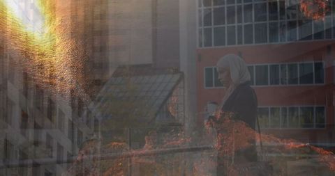 Businesswoman with Coffee Overlaid on Vibrant Cityscape