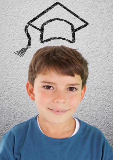 Digital composite image of smiling schoolboy with mortarboard above head