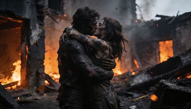 Embracing Lovers Kissing in Charred Ruins with Flames and Soot Dramatic Romance