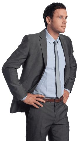 Transparent confident businessman in formal suit with hands on hips