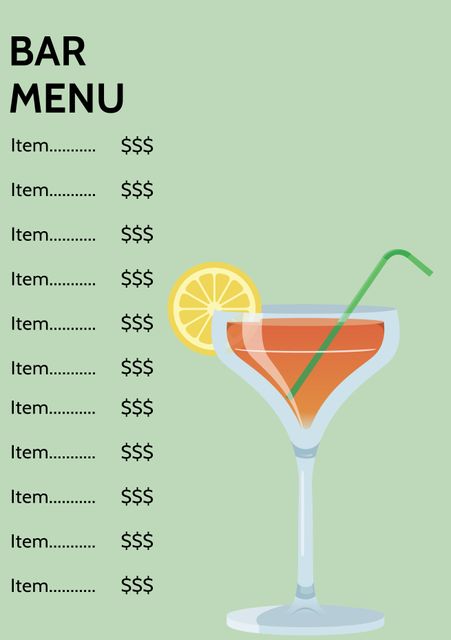 This vibrant bar menu template features an eye-catching design with cocktails and price points, making it perfect for bar promotions, happy hour deals, and cocktail specials. It can be used in bars, pubs, and restaurants to showcase drink offerings in a visually appealing way.