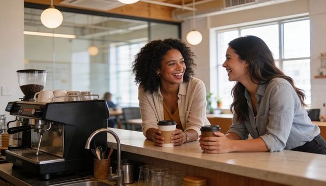 Women chatting over coffee at espresso counter, smiling friends holding takeaway cups
