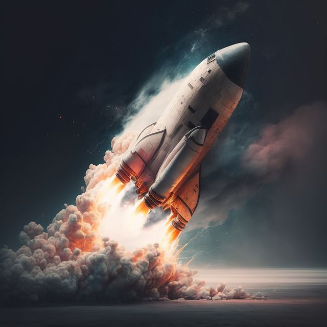 Spaceship taking off over night sky against cloud background, created using generative ai technology. Space travel and alien concept digitally generated image.