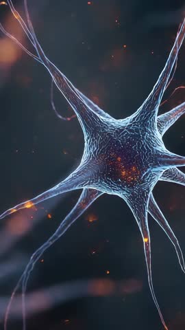 Microscopic neuron sending yellow pulses along dendrites in dark field vertical video