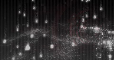 Streaming Binary Data Landscape with Glowing Nodes, Cascading Code and Monochrome Matrix