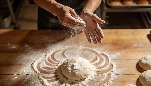 Artisan baker sprinkling flour over dough on rustic wooden workbench for bread making