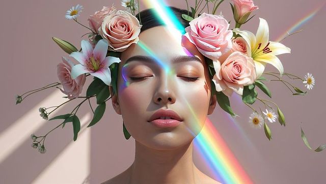 Serene woman wearing floral crown with prismatic light beams