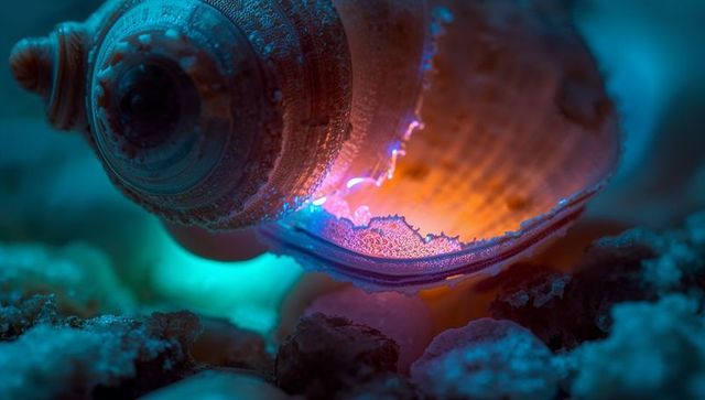 Glowing spiral seashell with crystalline edges on pebble bed macro closeup, warm glow