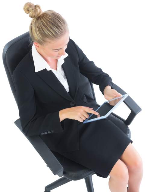 Transparent Blonde Businesswoman in Black Suit Sitting on Swivel Chair Using Tablet - Download Free Stock Videos Pikwizard.com