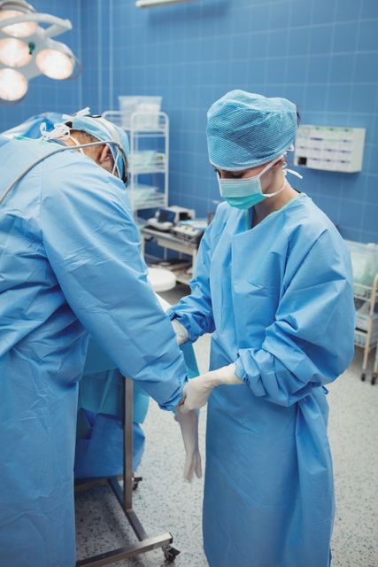 Nurse helping a surgeon in wearing surgical gloves at the hospital